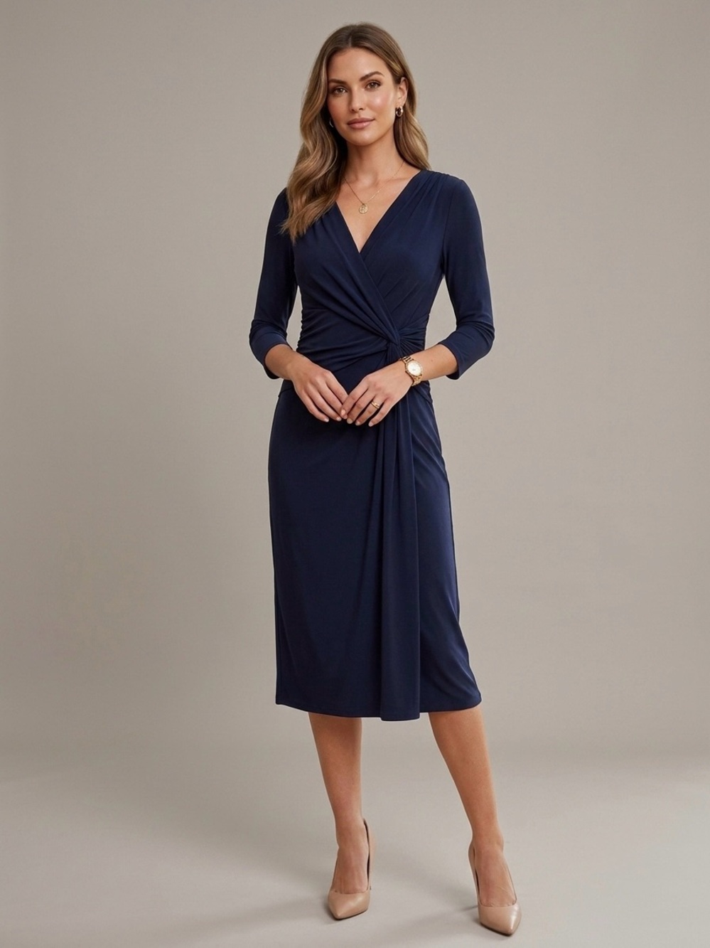 Ralph Lauren Faux Wrap Jersey Dress Ruched Navy Blue Sz 6